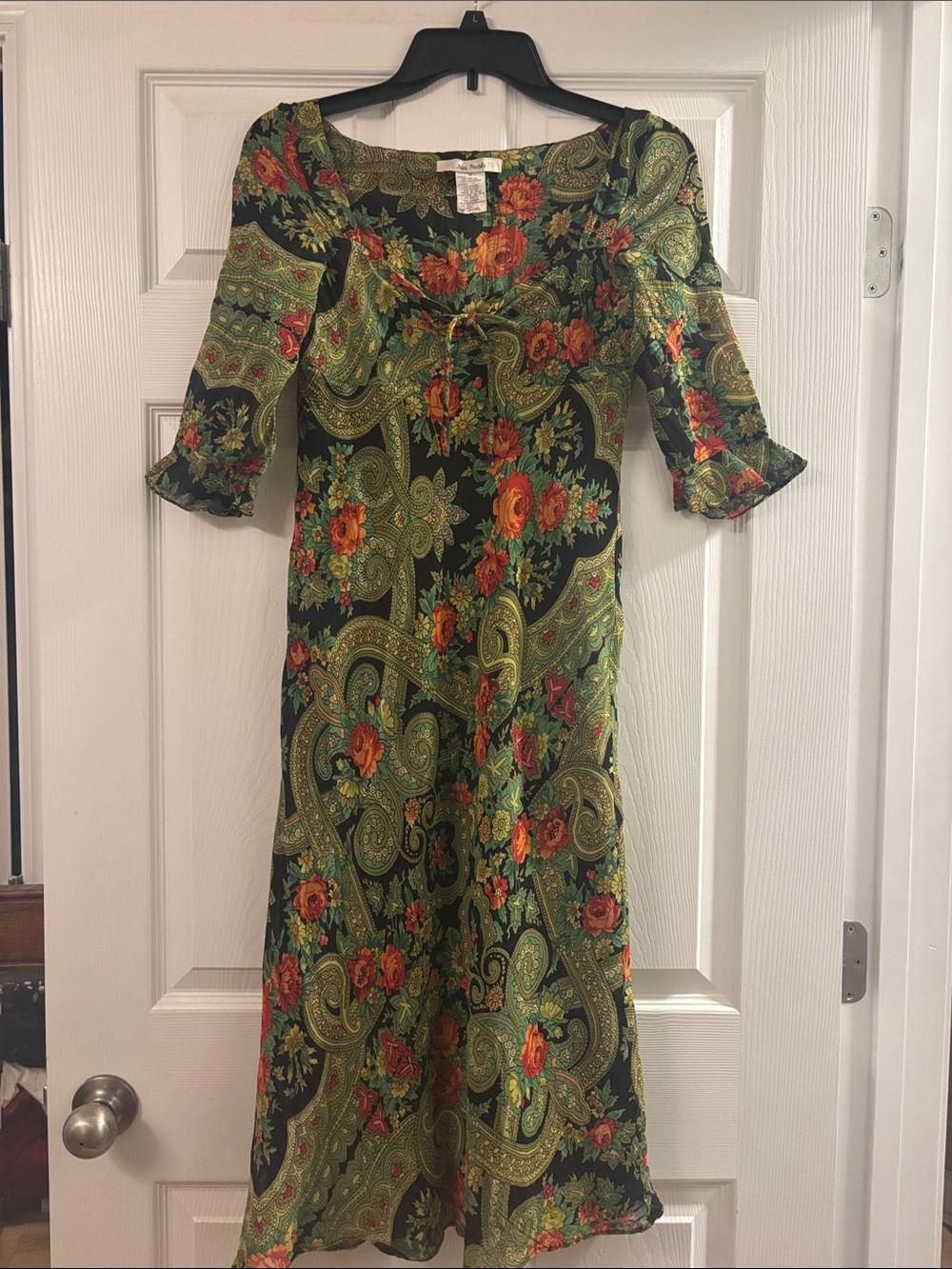 Free People Green Paisley Midi Dress with Orange Floral Print